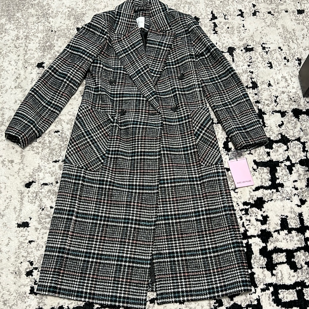 Avec Les Filles Tweed Textured Plaid Trench Coat Jacket Black White Blue Xs New